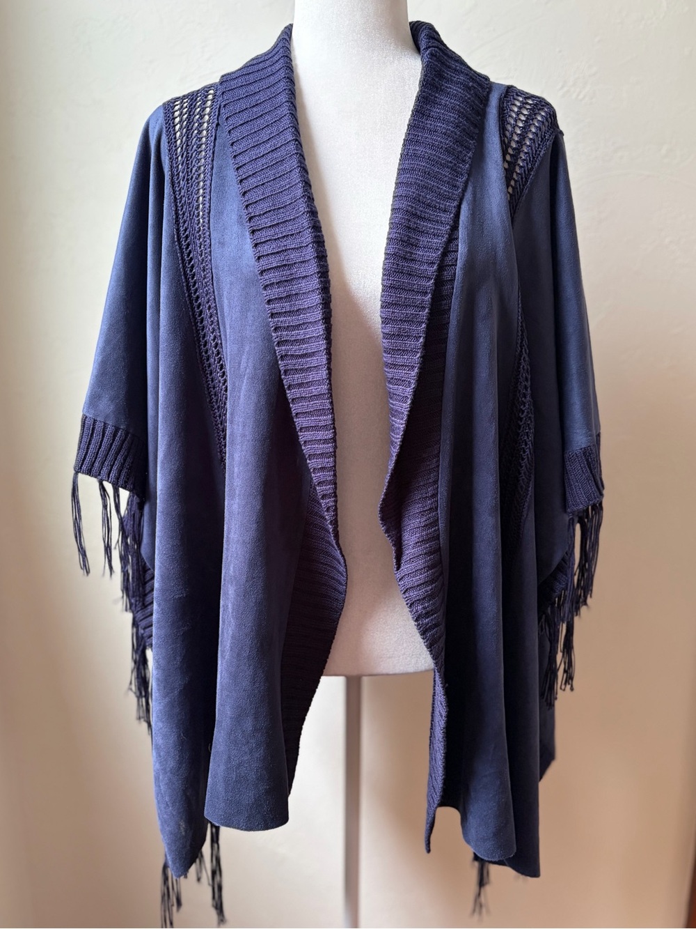 Chico's Navy Open-Front Fringe Shawl Cardigan